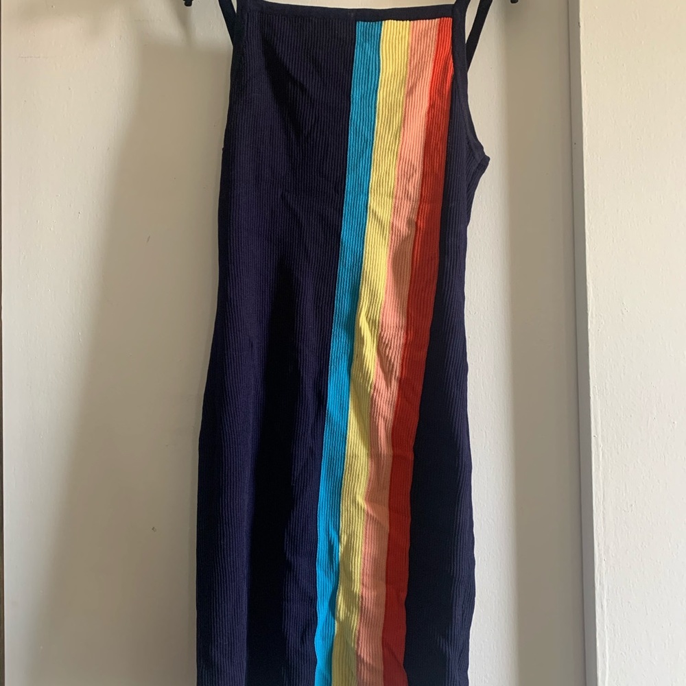 Honey punch navy dress with multi stripes